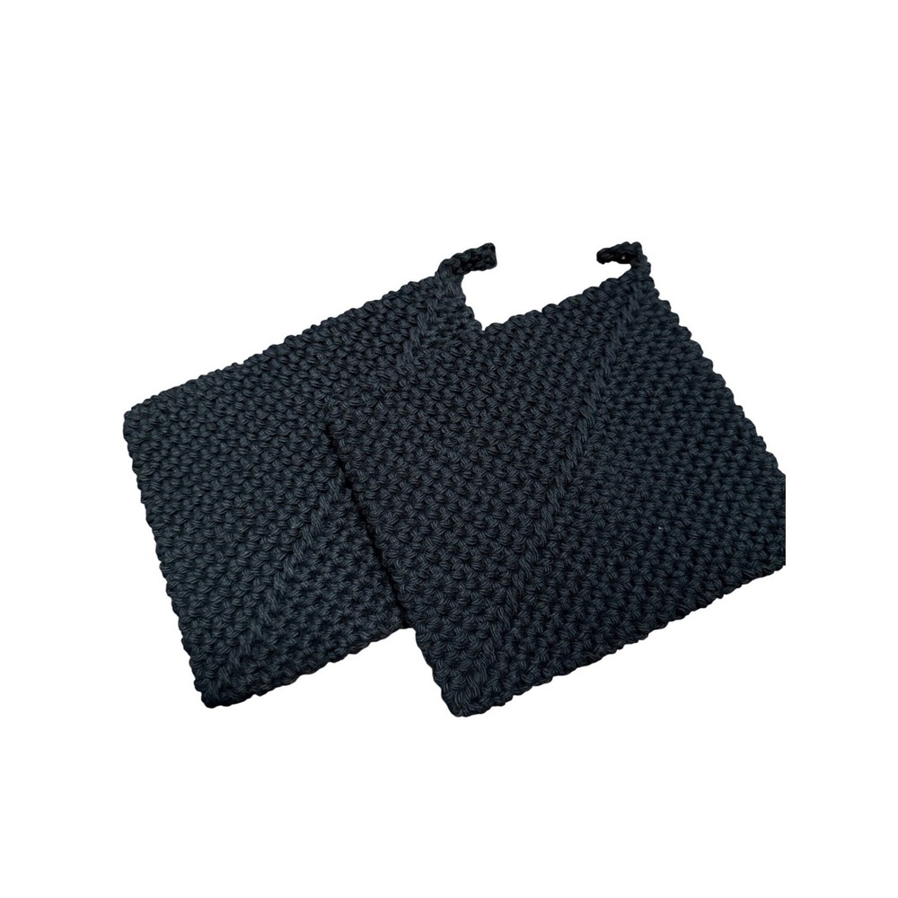 Set of 2 Black Knit Potholders Oven Mitts Crochet Square Hot Pads Pot Holders